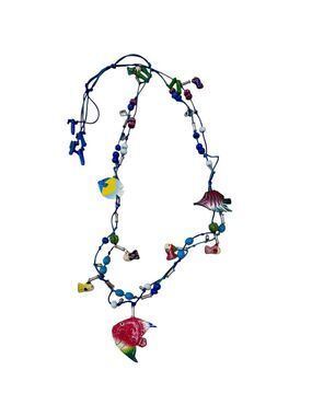 Vintage Colorful Tropical Fish Wooden Beads Necklace 22"